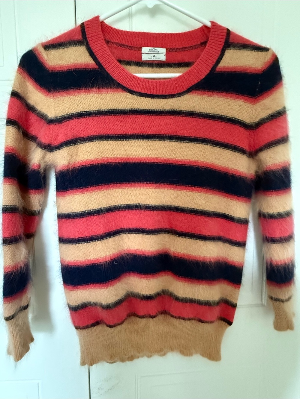 Wallace Wool-Blend Striped Crewneck Sweater - Coral, Navy & Camel size medium